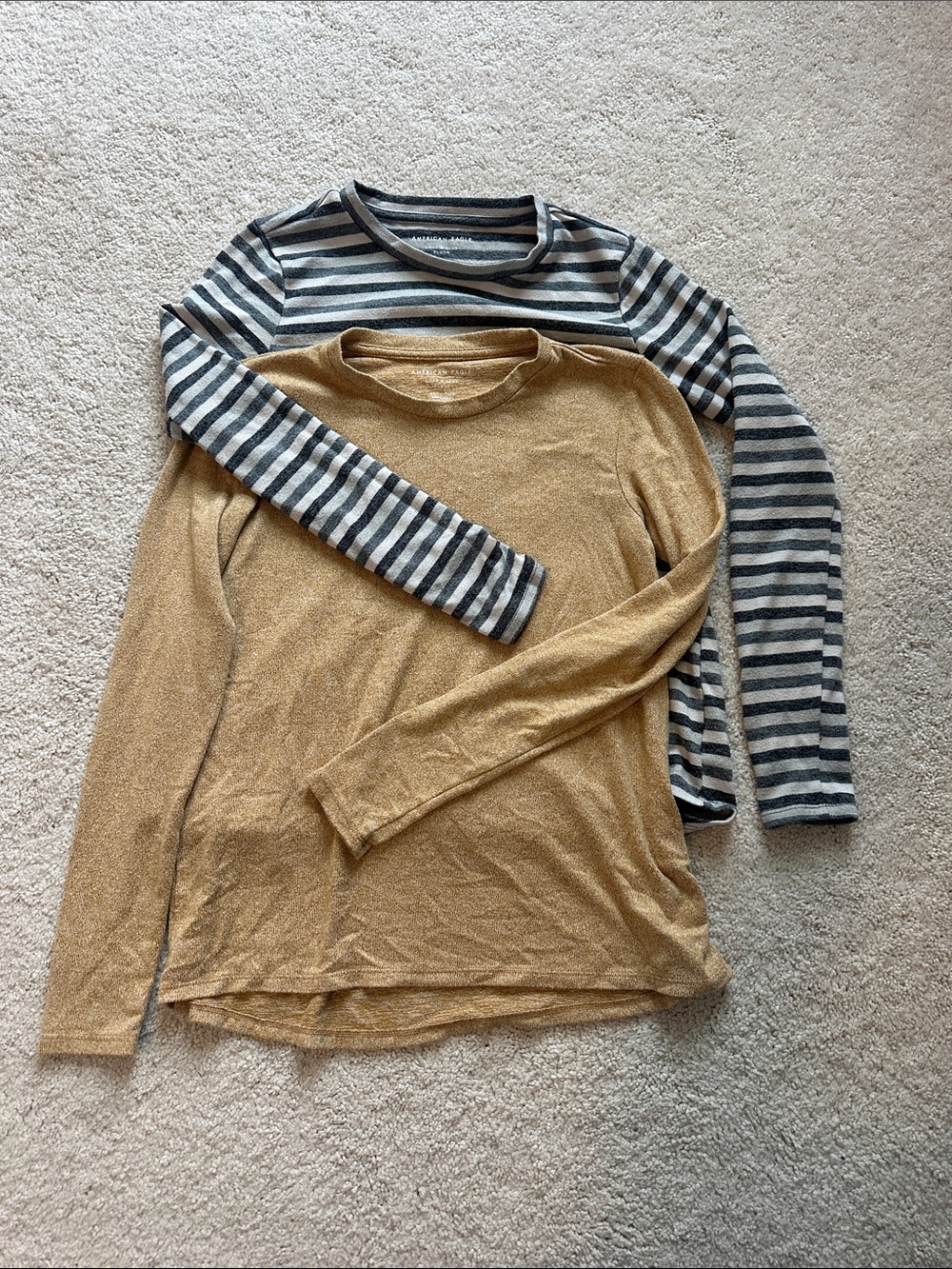 American Eagle Outfitters Striped Gray & Black Long Sleeve + Mustard Knit Layer